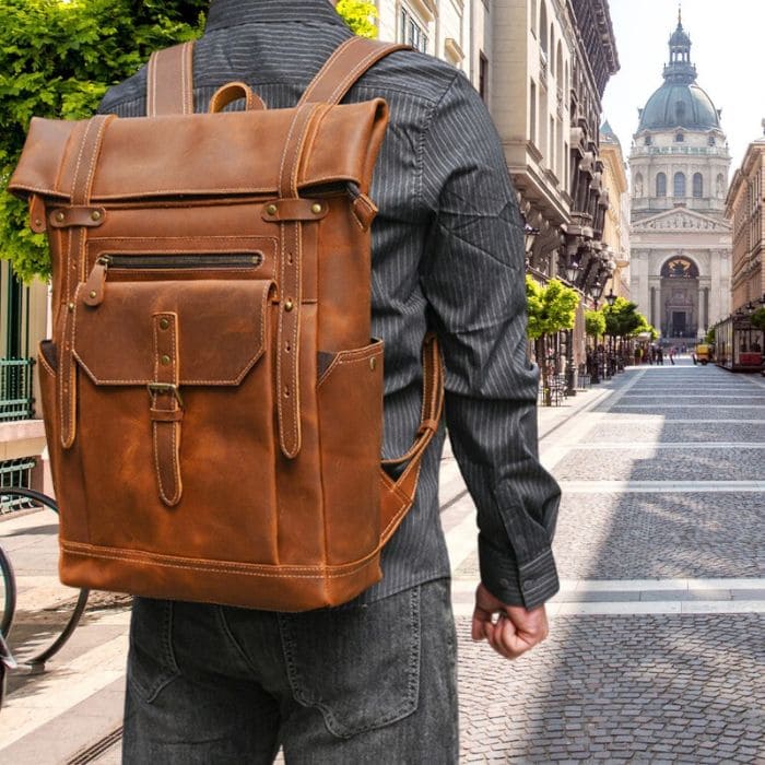 Leather roll sales top backpack